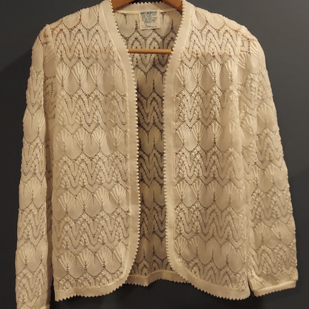 Sears Crochet Open Front Cream Off-White Sweater Cardigan Vintage